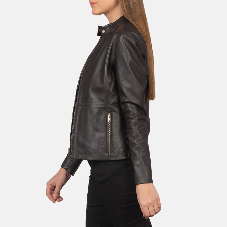 Women’s Sheepskin Leather Bomber Jacket with Band Collar