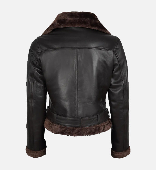 Women’s Black & Brown Shearling Leather Biker Jacket with Asymmetrical Zipper