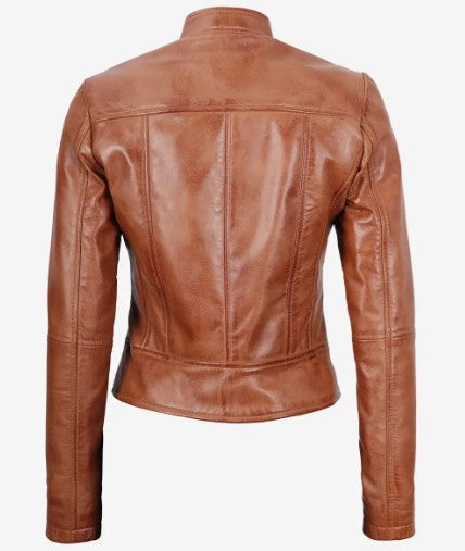 Women's Luxury Lambskin Leather Jacket - Classic Biker Style, Metal Zip Closure - Slim Fit Minimalist Design