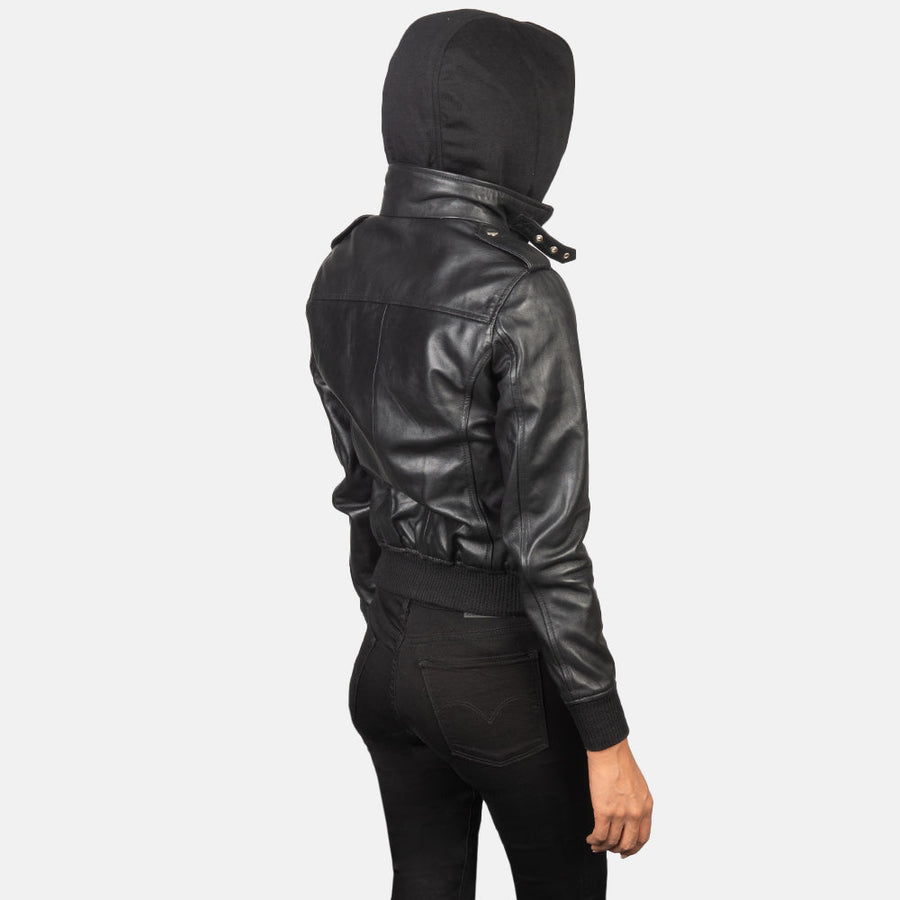 Genuine Sheepskin Leather Hooded Bomber Jacket For Women