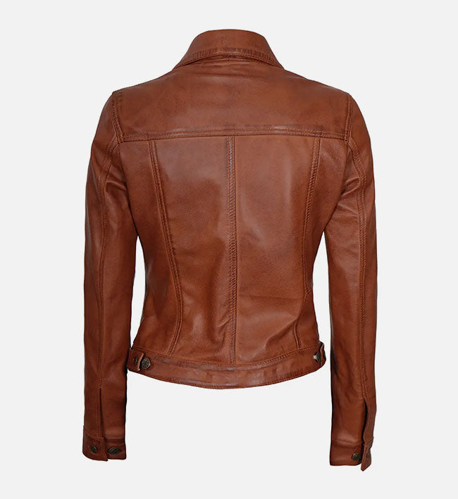 Women’s Sheepskin Leather Trucker Jacket – Brown, Black & Purple