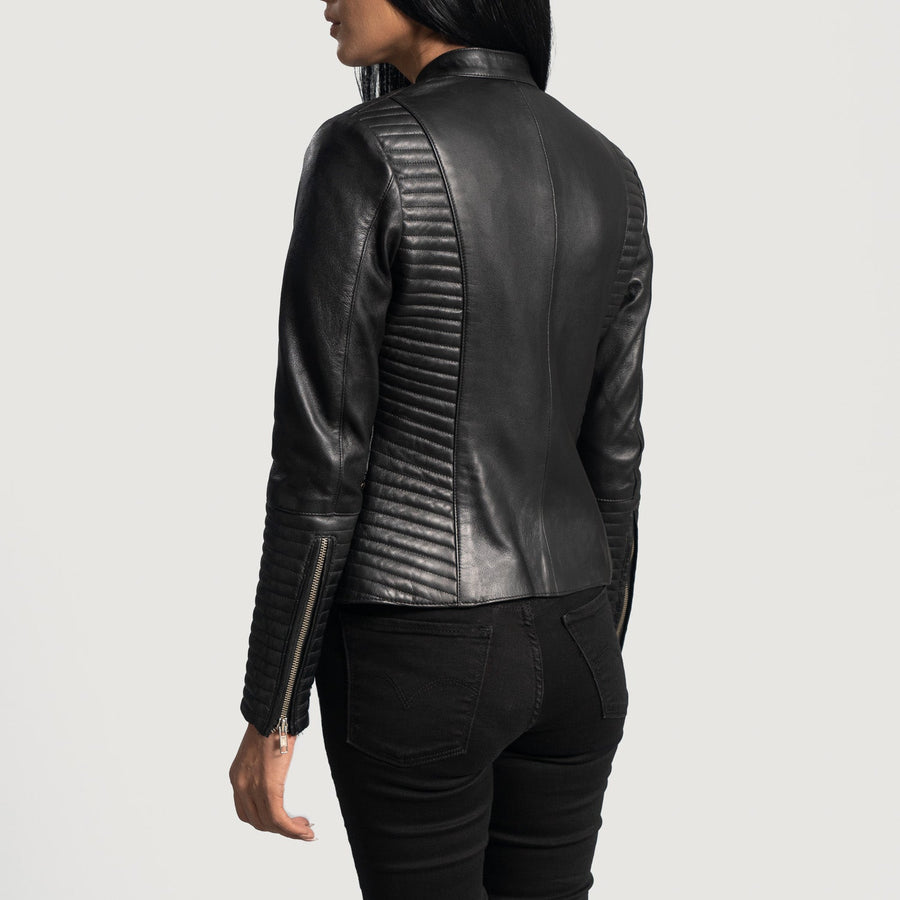 Women’s Black Sheepskin Leather Biker Jacket with Band Collar