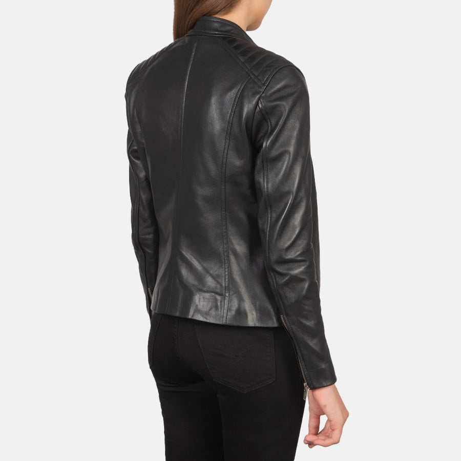 Women’s Sheepskin Genuine Leather Biker Jacket with Quilted Shoulders
