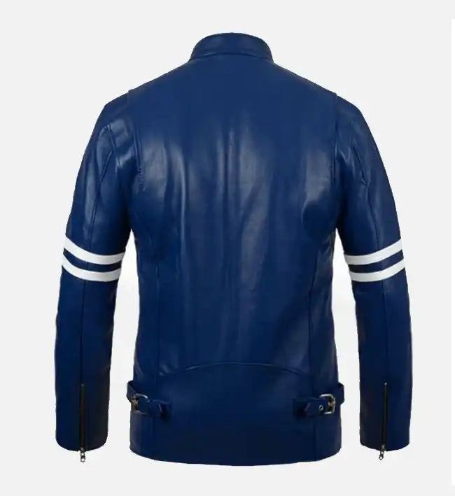 Men’s Sheepskin Leather Jacket – Blue with White Sleeve Stripes
