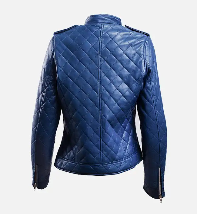 Women’s Sheepskin Leather Moto Jacket – Quilted Blue & Brown Design