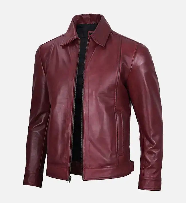 Men’s Sheepskin Classic Shirt Collar Maroon Leather Jacket