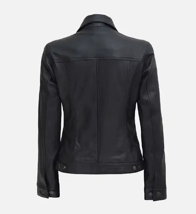 Women’s Sheepskin Leather Trucker Jacket – Brown with Shirt-Style Collar
