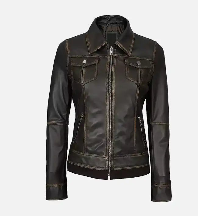 Women’s Sheepskin Leather Bomber Jacket – Dark Brown with Removable Hood