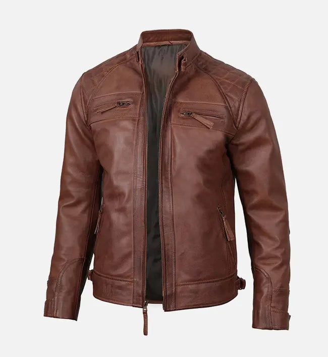 Genuine Sheepskin Brown Leather Slim Fit Jacket For Men
