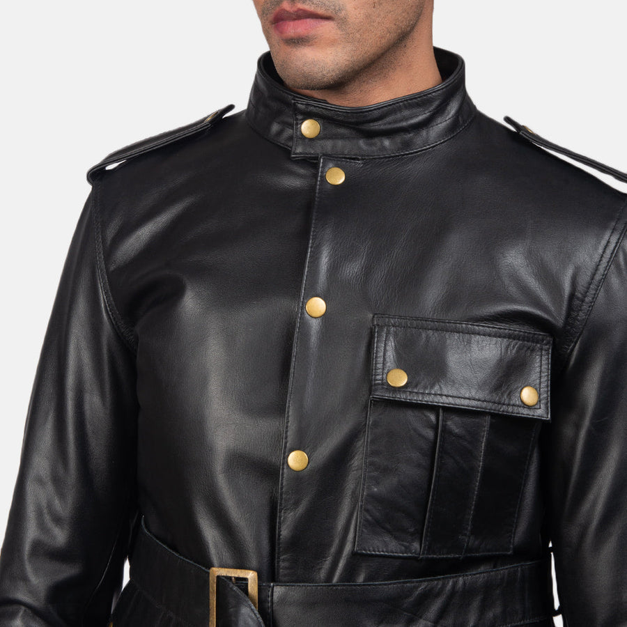 Men’s Black Semi-Aniline Cowhide Leather Jacket with Snap Button Closure