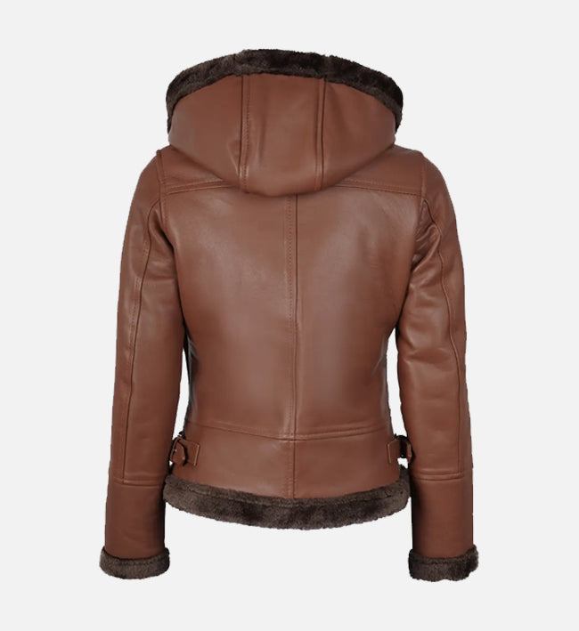 Women’s Brown Sheepskin Shearling Leather Jacket with Hood