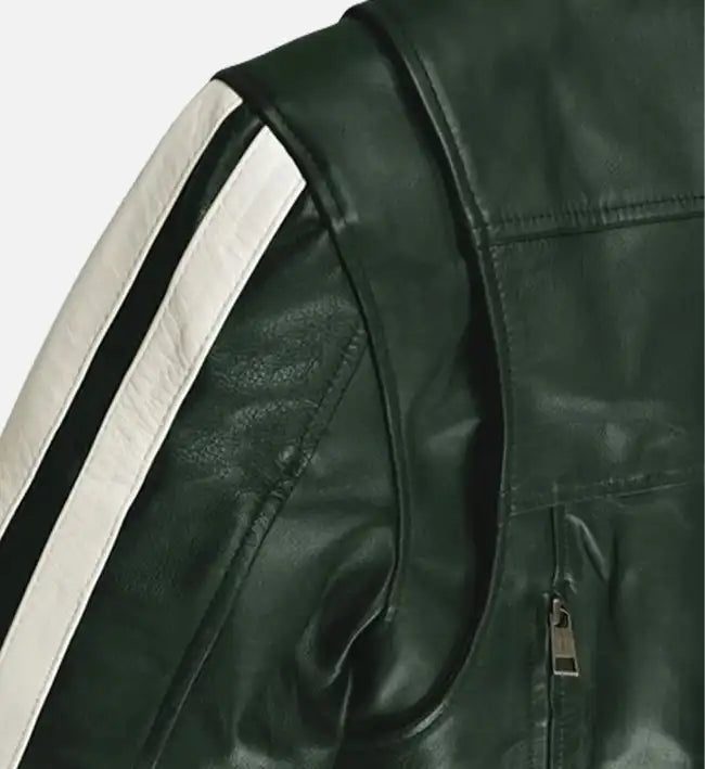 Men’s Sheepskin Vintage Green Biker Leather Jacket – with White Stripes & Quilted Waist Design