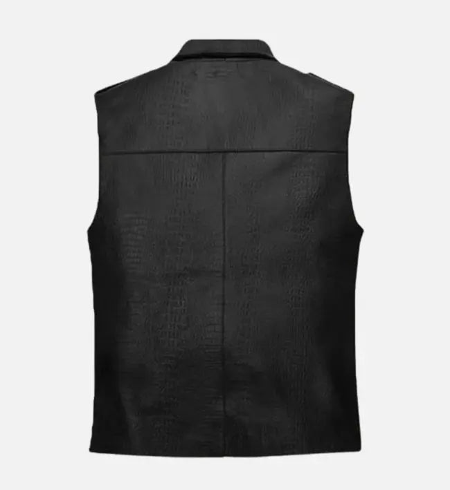 Men’s Black Croc-Embossed Sheepskin Leather Vest with Asymmetrical Zipper