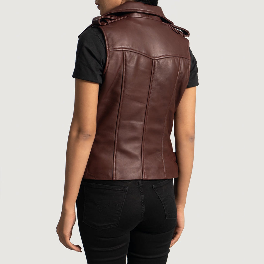 Women’s Maroon Sheepskin Leather Vest with Notch Collar & Zipper Closure