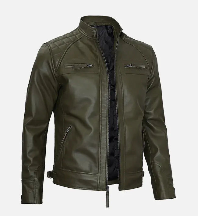 Men’s Sheepskin Olive Green Leather Café Racer Jacket