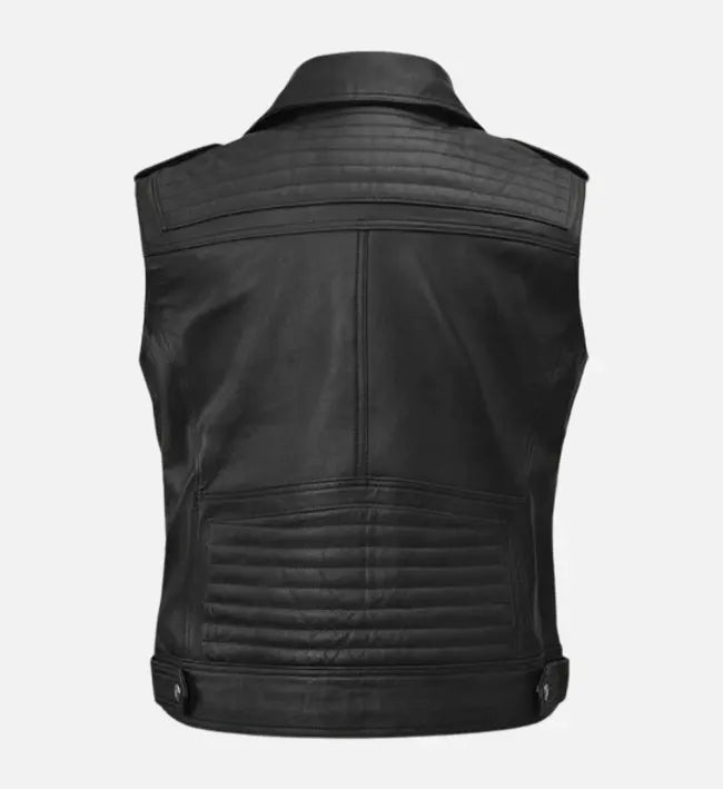 Men’s Black Sheepskin Leather Vest with Quilted Panels & Padded Shoulders