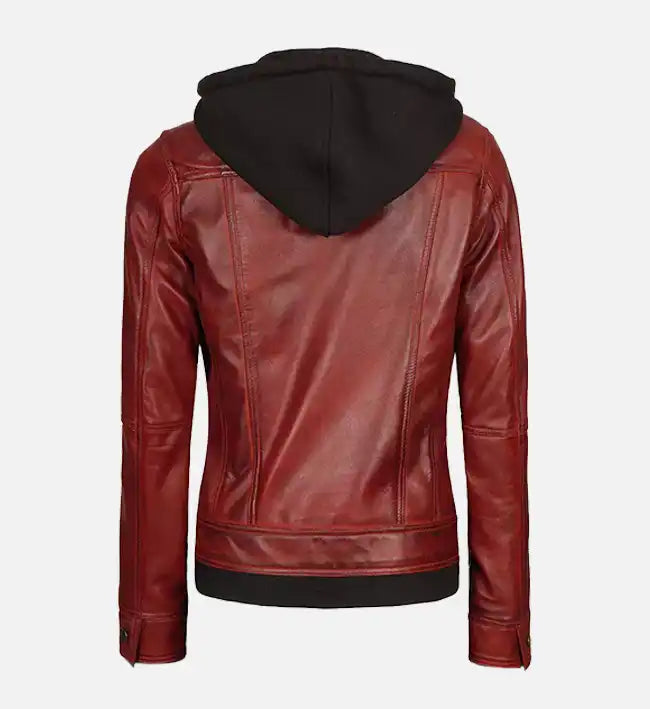 Women’s Sheepskin Leather Jacket – Red with Removable Hood and Contrast Waistline