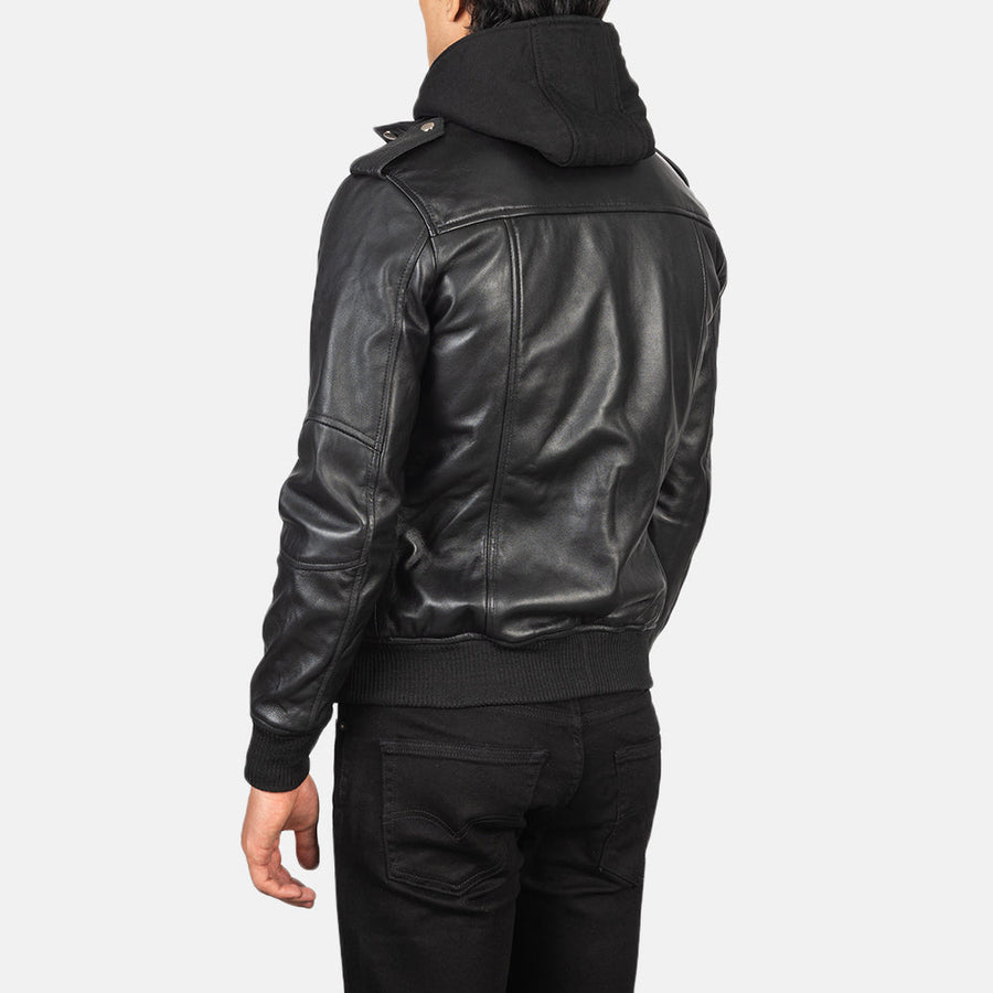 Men’s Sheepskin Leather Jacket with High-Neck Collar & Removable Hood