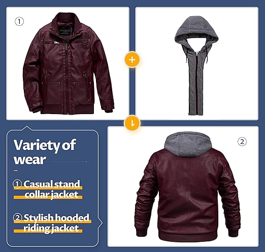 Men's Luxury Leather Jacket with Removable Hood - 100% Genuine Leather, Perfect for Riding and Everyday Wear