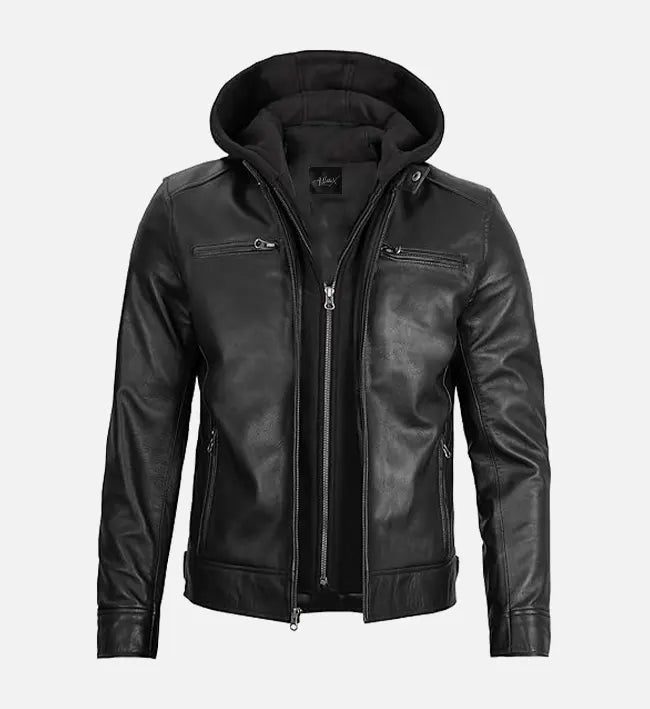 Men’s Sheepskin Leather Bomber Jacket – Black with Detachable Hood