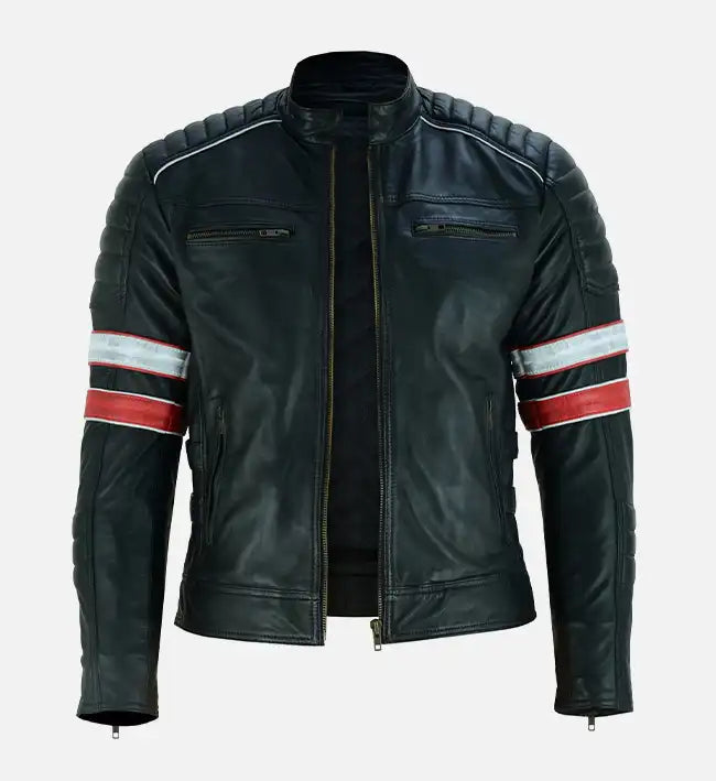 Men’s Sheepskin Red and White Striped Café Racer Leather Jacket