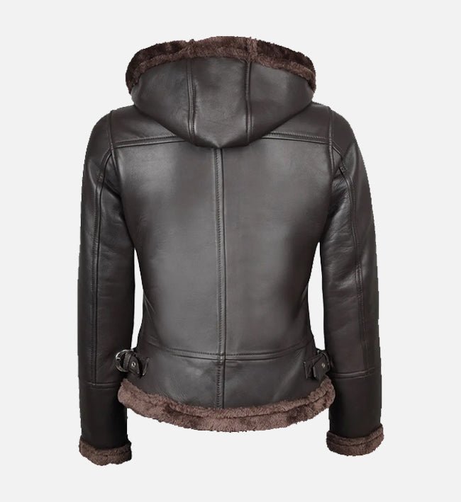 Women’s Dark Brown Shearling Hooded Sheepskin Leather Jacket