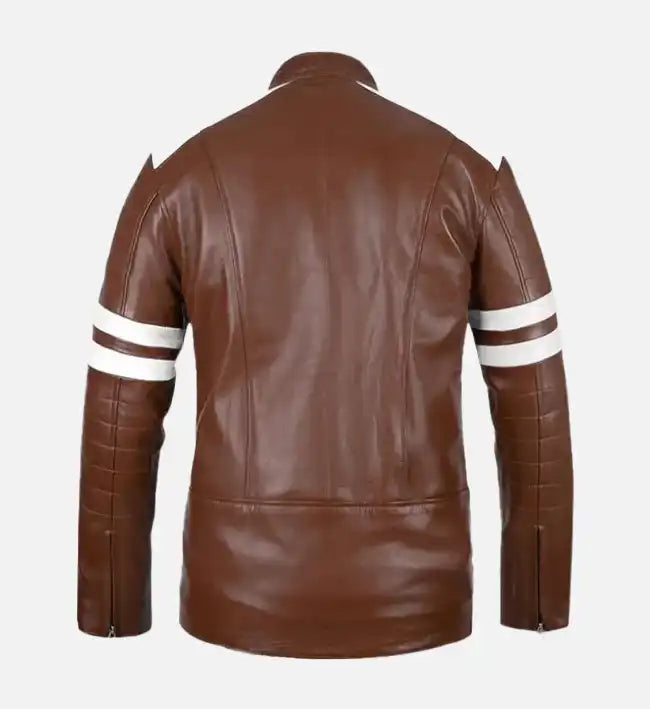 Men’s Sheepskin Leather Jacket – Tan Brown with Contrasting Stripes