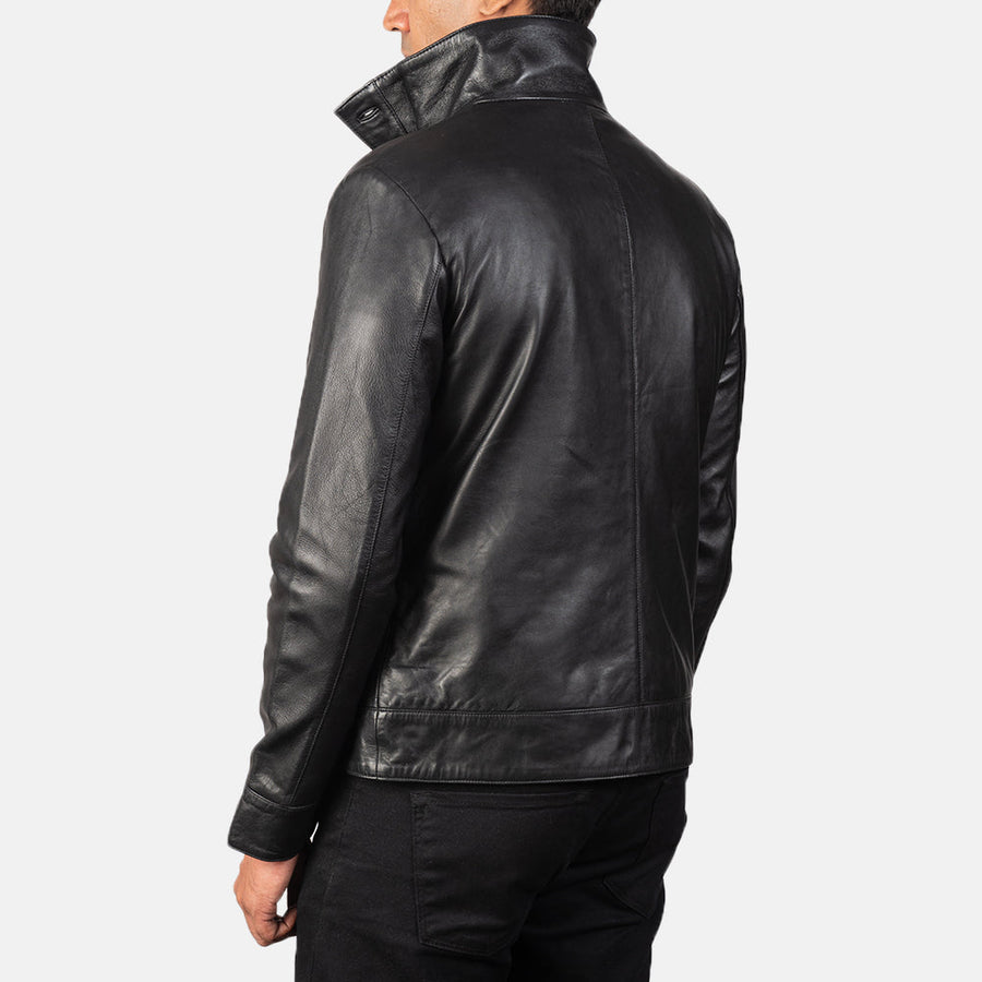 Men’s Sheepskin Leather Rider Jacket with High-Neck Buttoned Collar