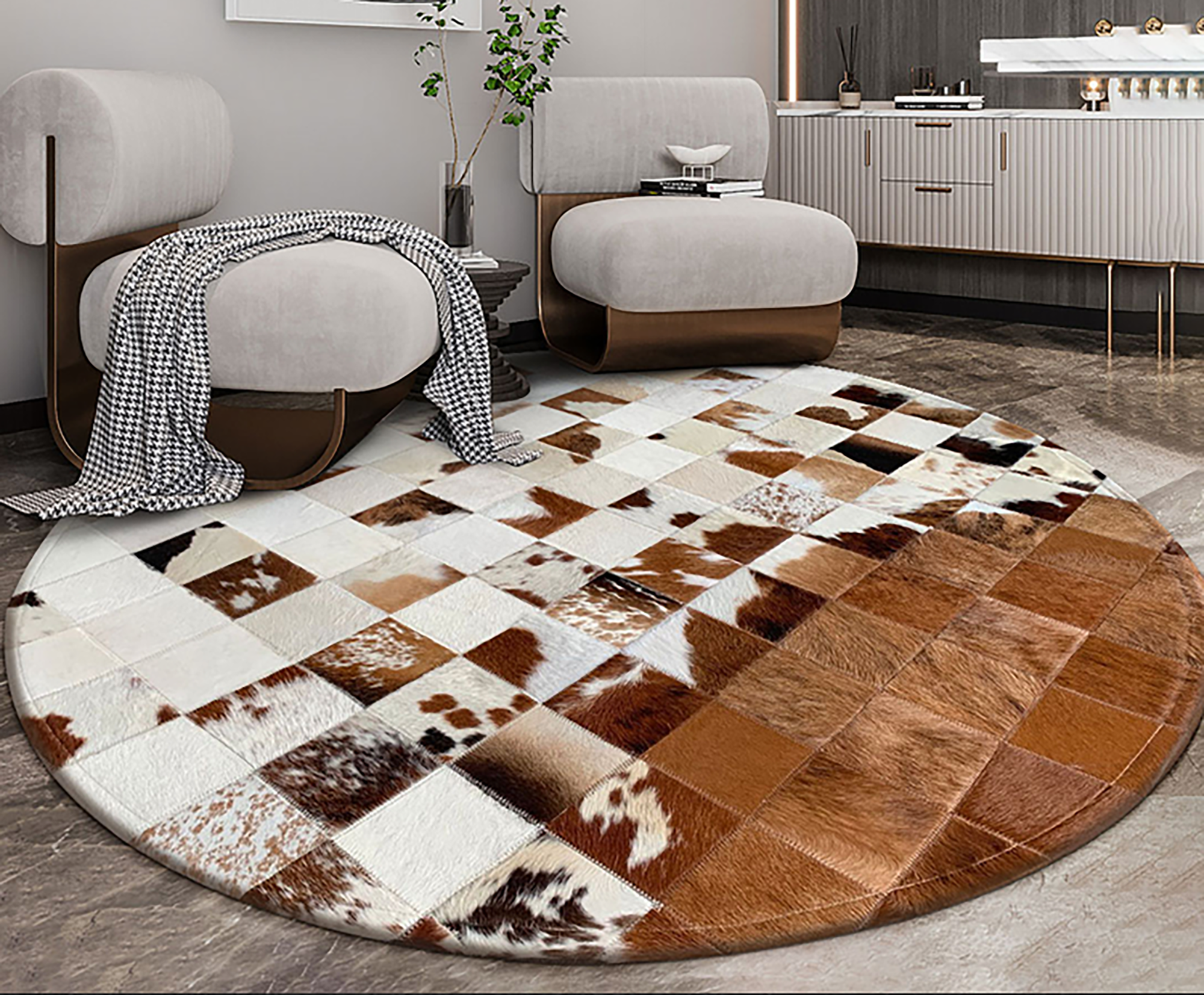 Genuine Hair-On Cowhide Patchwork Round Rug – Handmade Artistry