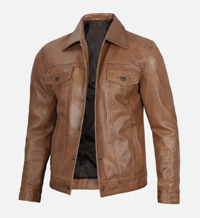 Men’s Sheepskin Trucker Leather Jacket – Camel Brown, Maroon & Blue with Shirt-Style Collar