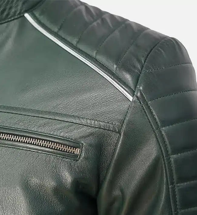 Men’s Sheepskin Leather Jacket – Dark Green with Quilted Shoulder Straps