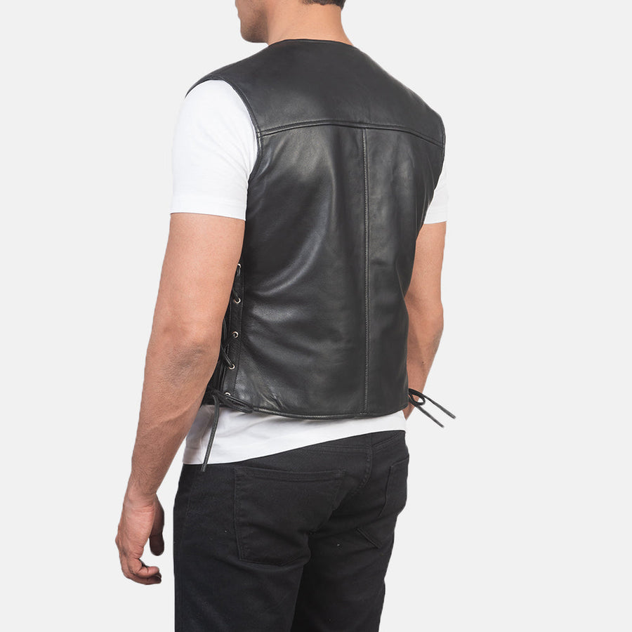 Men’s Black & Tan Brown Sheepskin Leather Vest with Leather Laces