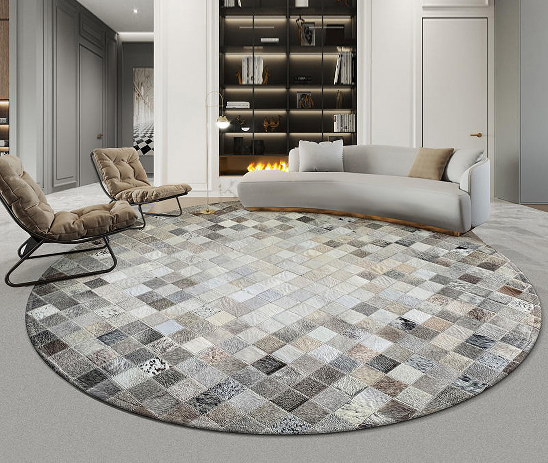 Handcrafted Hair-On Cowhide Patchwork Round Rug – Natural Beauty