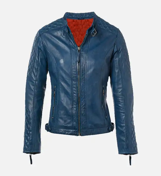 Women’s Sheepskin Short Quilted Shoulder Biker Leather Jacket