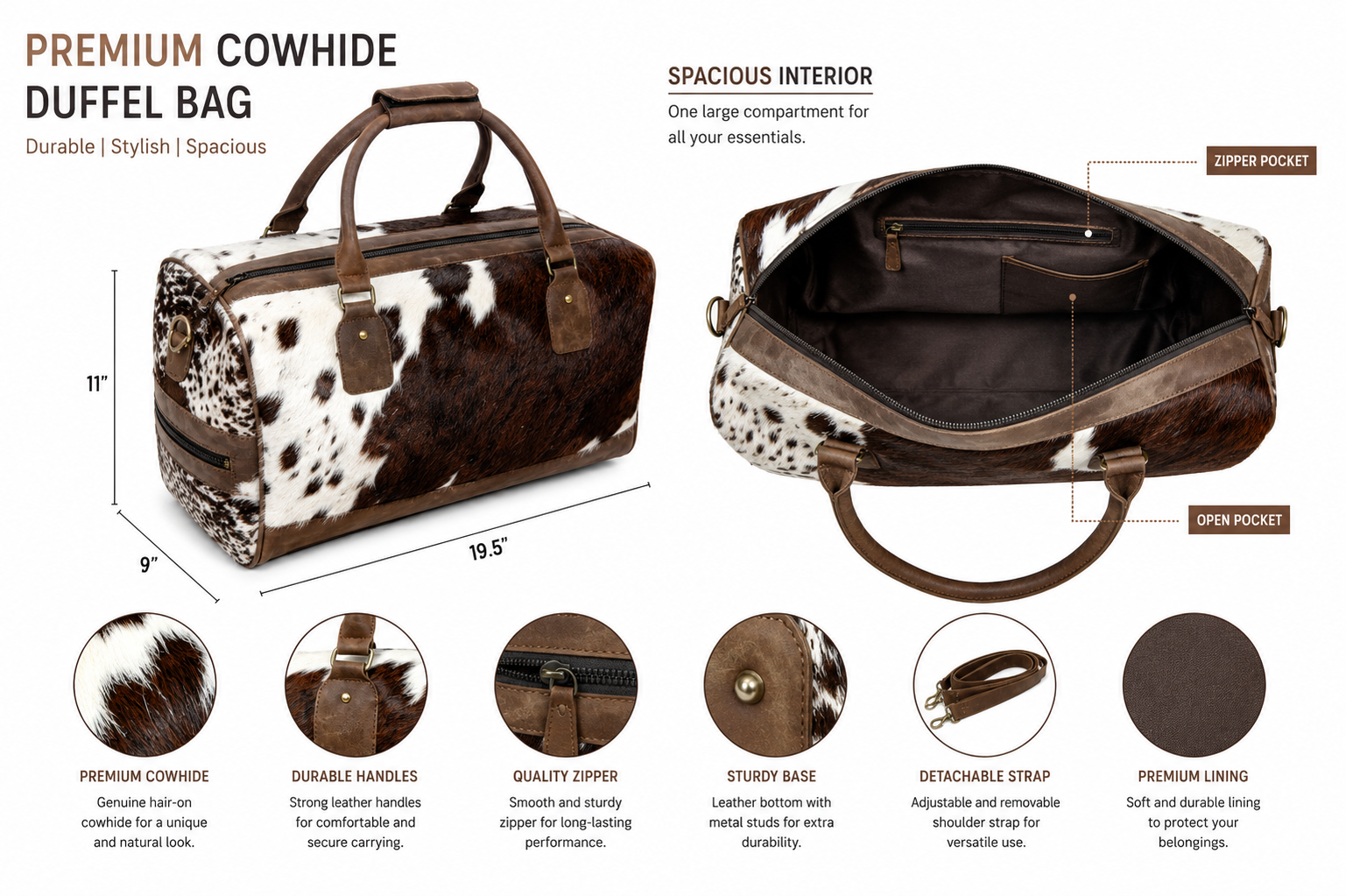 Natural Cowhide Duffel Bag Real Hair On Leather TRAVEL Bag Original Cow Skin Luggage Bag