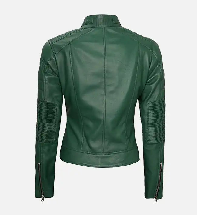 Women’s Sheepskin Leather Café Racer Jacket – Green & Beige with Quilted Shoulders