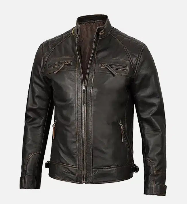 Men’s Sheepskin Leather Bomber Jacket – Brown with Diamond Quilted Shoulders