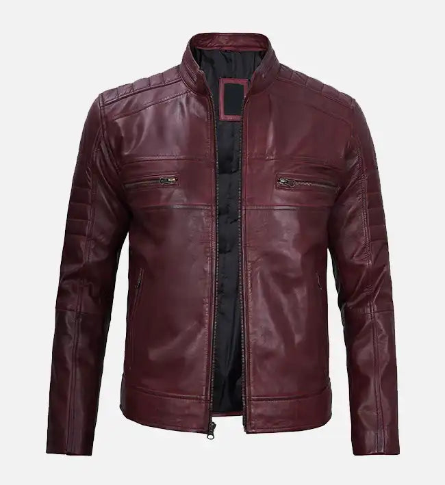 Men’s Sheepskin Leather Jacket – Maroon with Quilted Shoulders and Streamlined Back