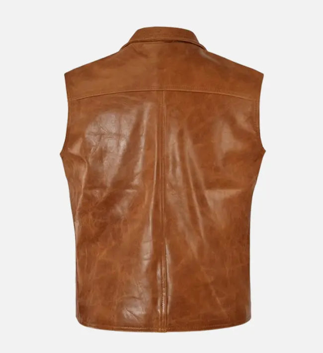 Men’s Brown Sheepskin Leather Vest with Asymmetrical Zipper – Vintage Minimalist Style