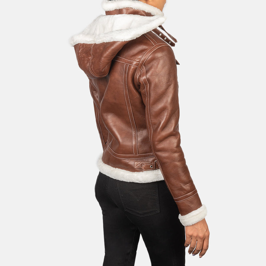 Women’s Sheepskin Leather Jacket with Faux Fur Lining & Removable Hood