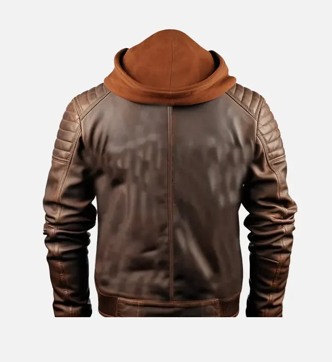 Men’s Sheepskin Leather Bomber Jacket – Voguish Brown with Detachable Hooded Collar