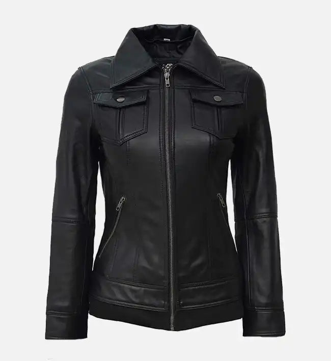 Women’s Sheepskin Leather Jacket – Black with Removable Hood