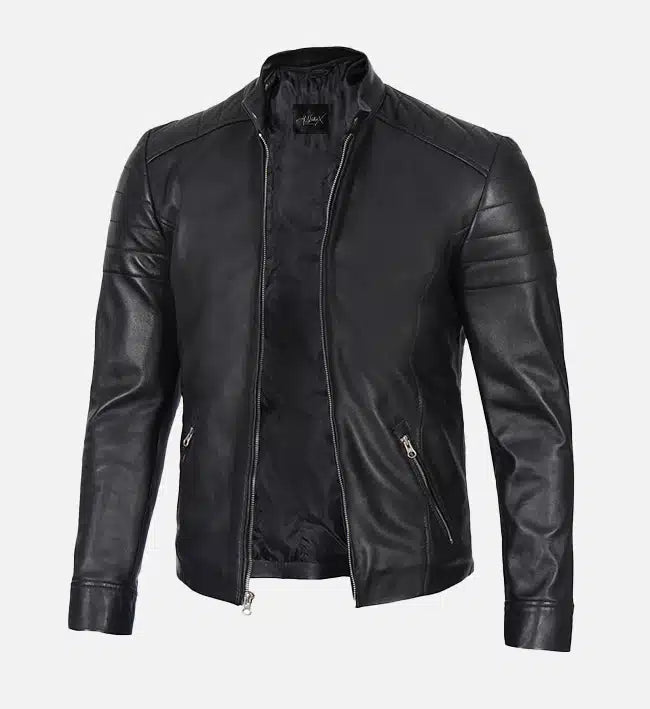 Men’s Sheepskin Leather Jacket – Black with Quilted Sleeves and Shoulders