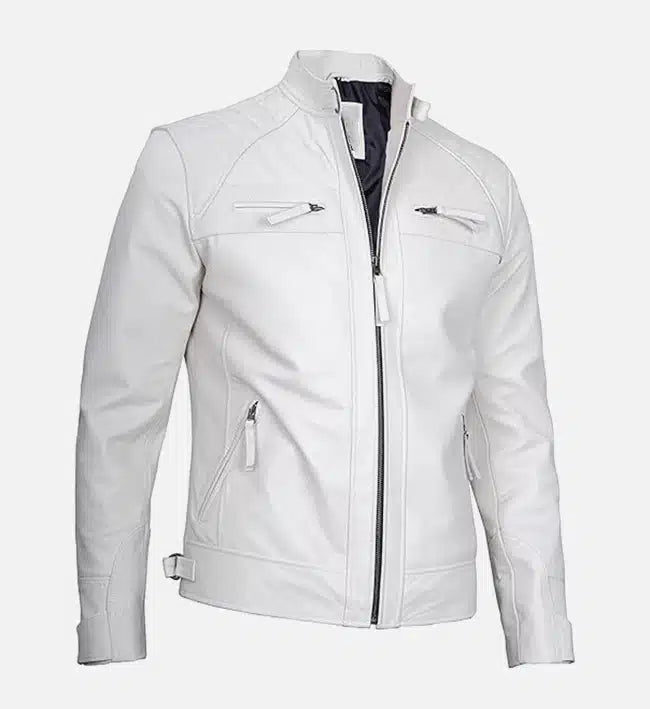 Men’s Sheepskin Classic White Leather Café Racer Jacket