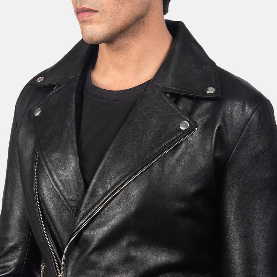 Men’s Sheepskin Leather Biker Jacket with Notch Collar