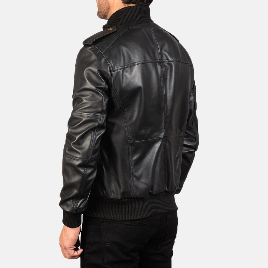 Men’s Sheepskin Leather Jacket with High-Neck Collar & Shoulder Epaulettes