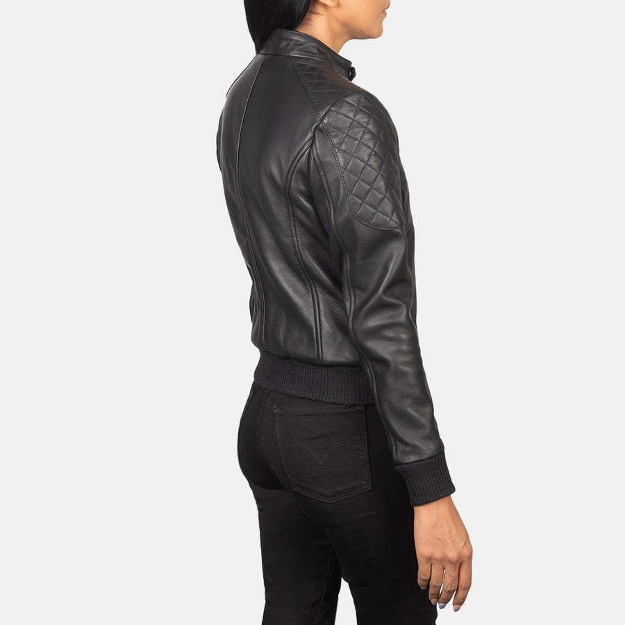 Women’s Black Genuine Sheepskin Leather Jacket with Band Collar