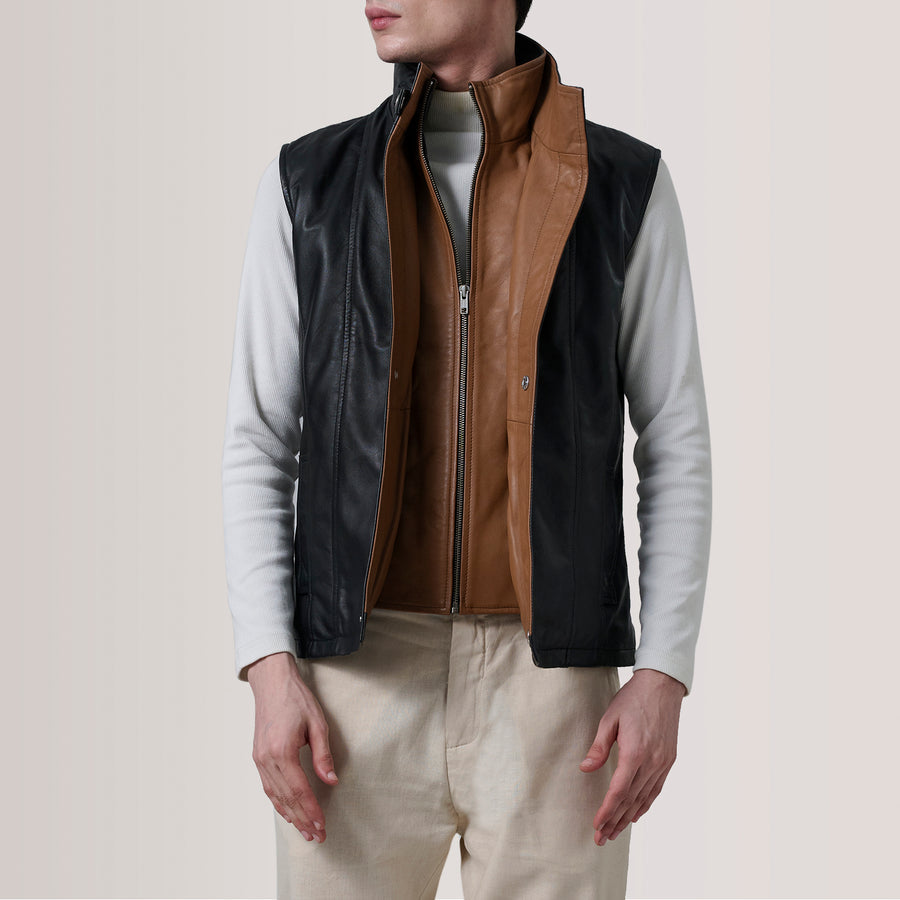 Men’s Semi-Aniline Sheepskin Leather Vest – Band Collar with Buckle