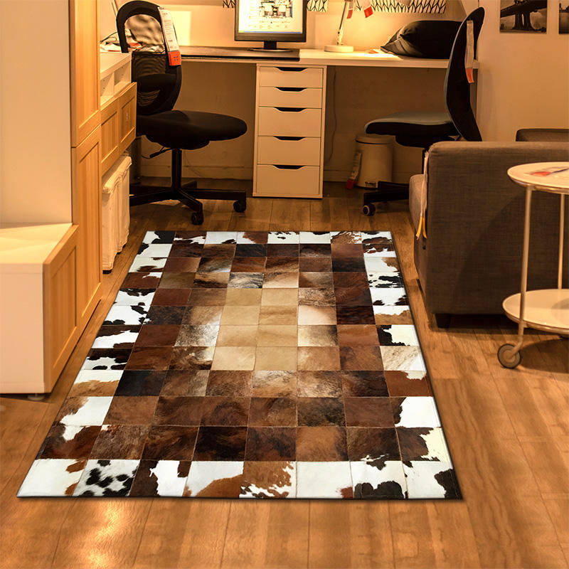 Handcrafted Hair-On Cowhide Leather Patchwork Rectangle Rug