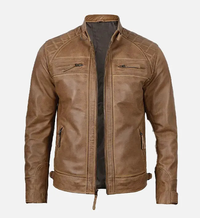 Men’s Sheepskin Café Racer Camel Brown Leather Jacket